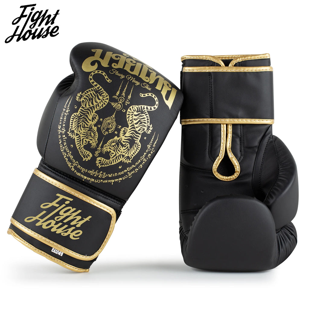 Fight House 10OZ 12OZ 14OZ 16OZ Muay Thai Boxing Gloves Double Tiger Apricot Black Gold Fighting Training Boxing Gloves